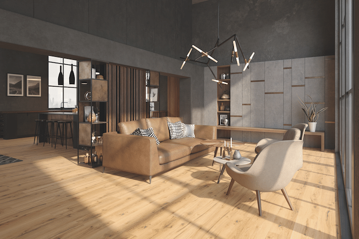 Industrial-Wohnraum mit braunem Sofa und Holzoptikboden