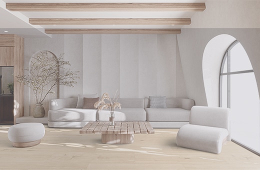 Ein Wohnzimmer mit hellem Holzboden und modernen Möbeln