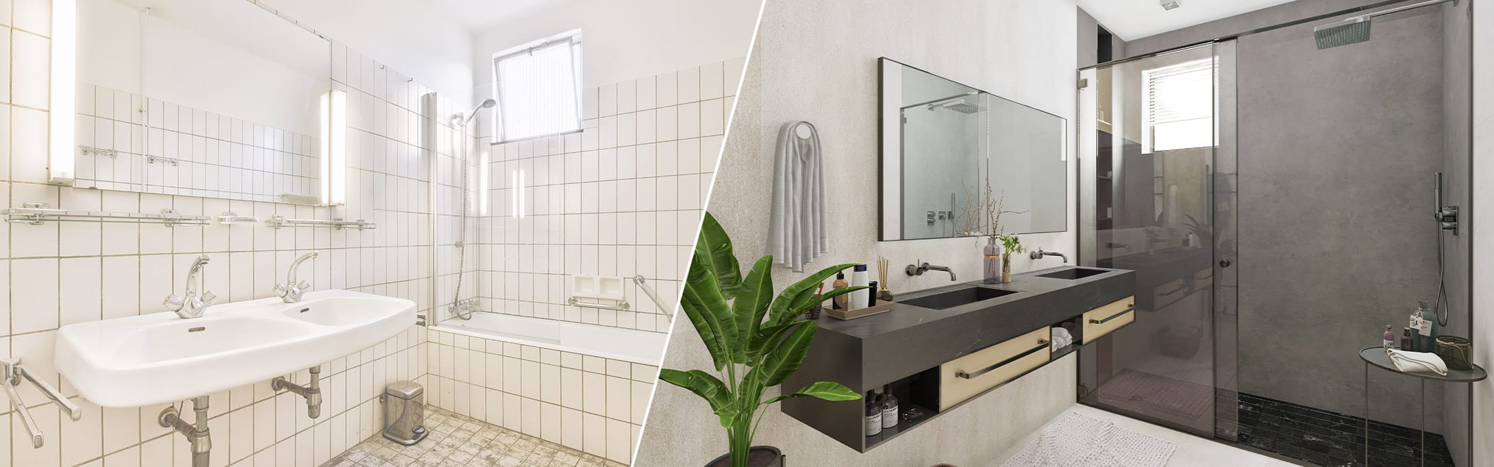 Links altes Badezimmer mit weißen Fliesen, rechts modernes, neues Badezimmer mit dunklen Fliesen und Pflanzen